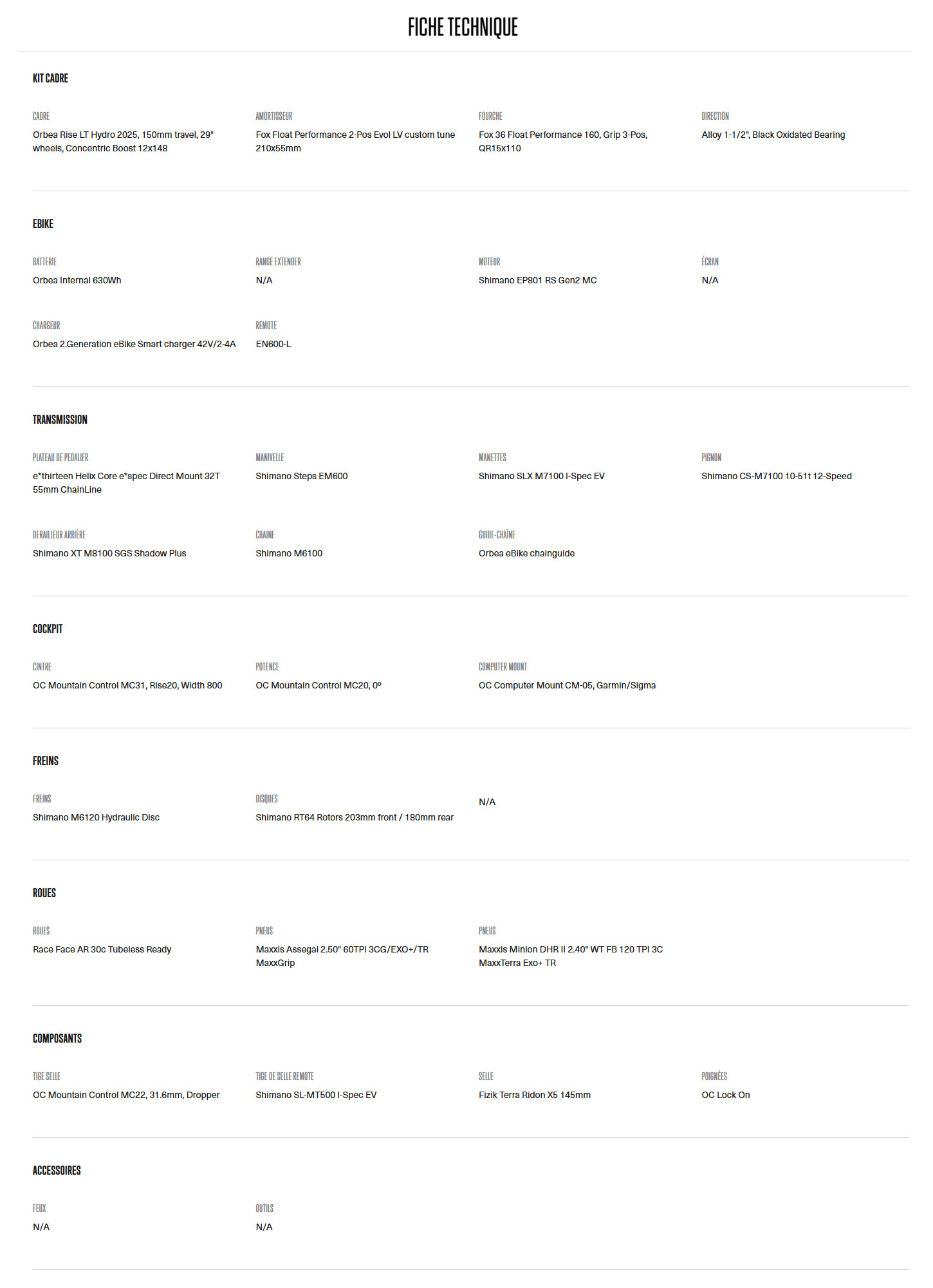 Caracteristique technique du Vélo électrique Rise LT H10 année 2026